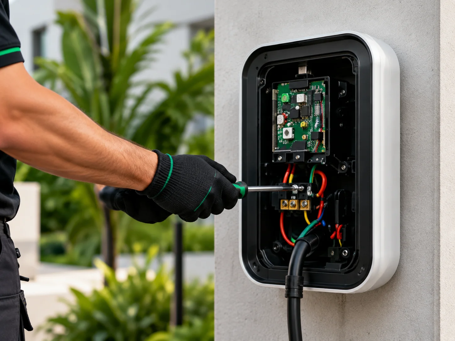 Technician performing maintenance on an EV charger