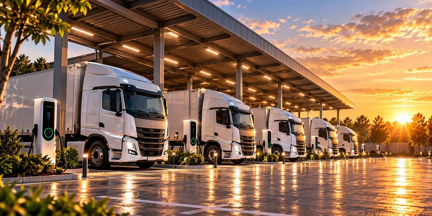Electric trucks charging at a fleet depot at sunset