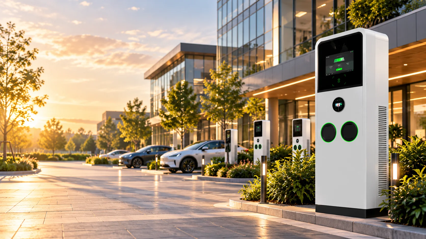 MECharge EV charging station at a modern commercial campus