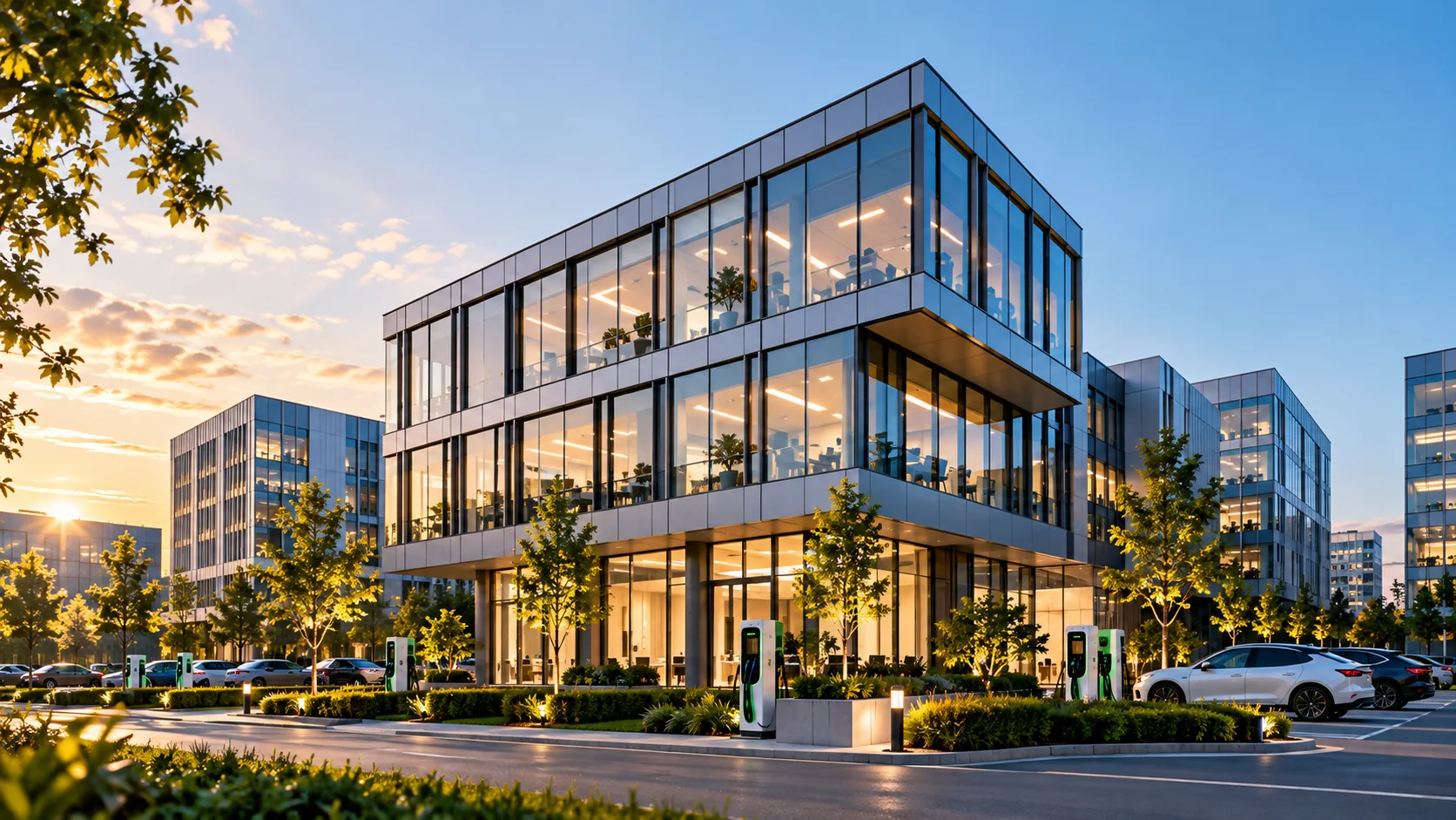 Modern office buildings with EV charging facilities