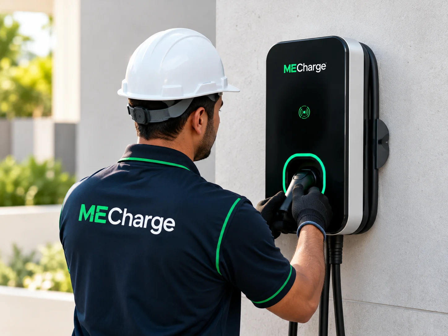 Technician installing a MECharge EV charger