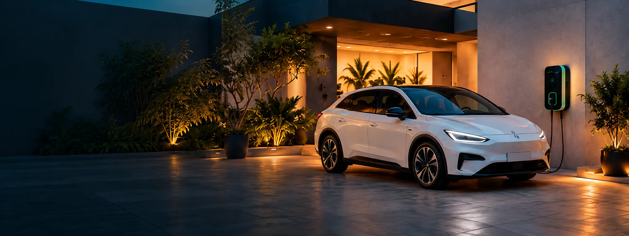 Modern home with an electric vehicle and wall-mounted charging unit